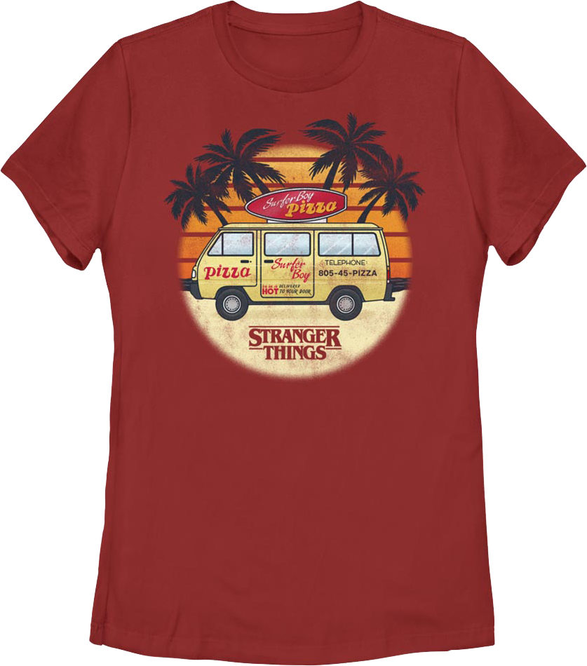 Womens Surfer Boy Pizza Van Stranger Things Shirt product image 1